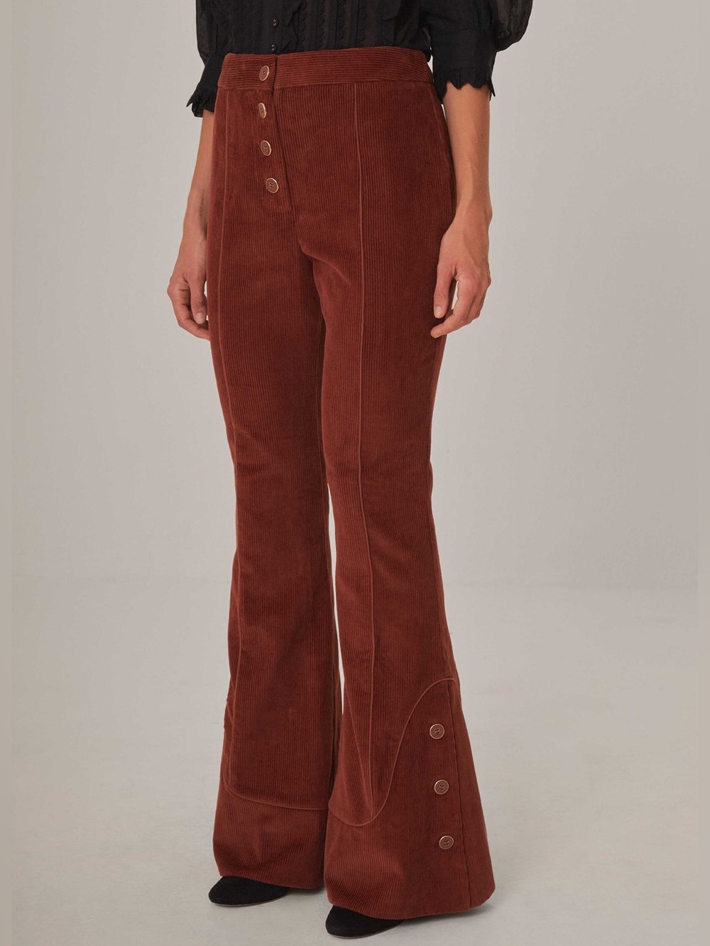 FARM Rio L Brown Corduroy Flare Pants  High Rise Button Detail Retro Wide Leg - Picture 3 of 15